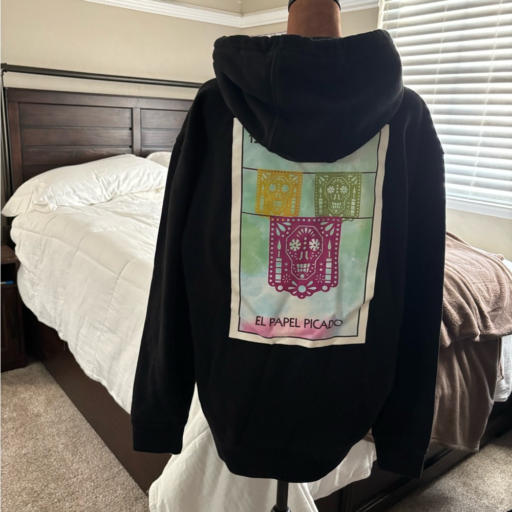 Vans Black Hoodie with Colorful Skull Design. Mexican Loteria edition.